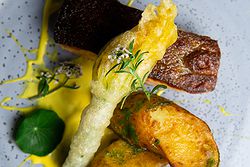 Elegant food presentation featuring a selection of wedding reception dishes.